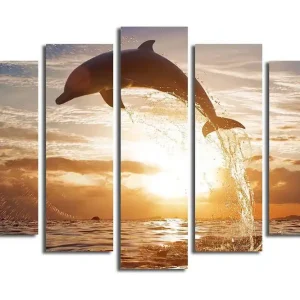 Outlet Stor Canvastavla i 5 delar 105x70 cm - Delfin som hoppar genom vattnet vid solnedgången Guld / Orange / Blå - Inredning