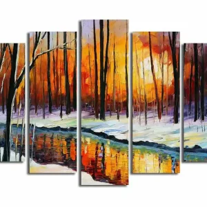 Stor Canvastavla i 5 delar 105x70 cm - Vinterlandskap med solnedgång och spegelbild i en stilla sjö Orange / Svart / Vitt - Inredning Rea