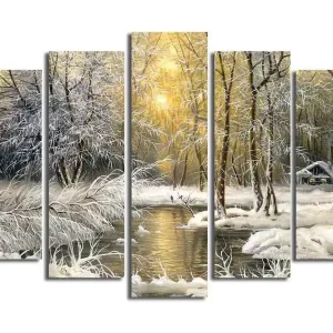 Kundfavorit Stor Canvastavla i 5 delar 105x70 cm - Vinterlandskap med snöklädda träd och en spegelblanka sjö Vit / Ljusgrön / Beige - Inredning