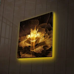 Canvastavla med LED-belysning 40x40 cm - Ljusstrålande blomma i abstrakt stil Guld / Svart / Brun - Inredning Populärt val