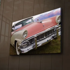 Nedsatt pris Canvastavla med LED-belysning 45x70 cm - Klassisk bil med retrodesign i pastellfärger Rosa / Vit / Krom - Inredning