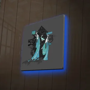 Endast denna vecka Canvastavla med LED-belysning 40x40 cm - Abstrakt komposition med två stiliserade figurer i kläder som flödar Svart / Turkos / Vit - Inredning
