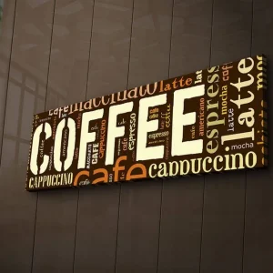 Canvastavla med LED-belysning 30x90 cm - Kaffeinspirerat konstverk med olika kaffetermer i typografi Mörkbrun / Ljusbrun / Beige - Inredning I lager