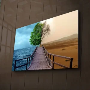 Canvastavla med LED-belysning 45x70 cm - Kontrast mellan en grönskande trädkant och en ökenlandskap Grön / Blå / Beige - Inredning Kampanjpris