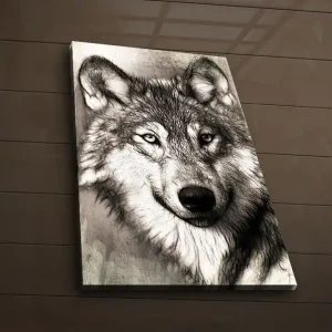 Erbjudande Canvastavla med LED-belysning 70x45 cm - Porträtt av en varg med uttrycksfulla detaljer Svart / Grå / Vit - Inredning