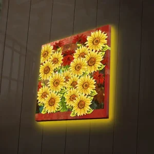 Canvastavla med LED-belysning 40x40 cm - Färgrik bukett av solrosor och röda blommor Gul / Röd / Grön - Inredning Handla nu