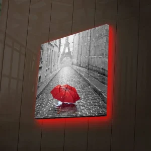Canvastavla med LED-belysning 40x40 cm - Röd paraply på en regnig gata i Paris Röd / Svart / Grå - Inredning Köp online