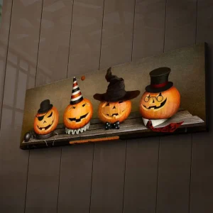 Canvastavla med LED-belysning 30x90 cm - Glada pumpor klädda för Halloween Orange / Svart / Vit - Inredning Premium