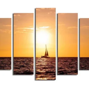 Stor Canvastavla i 5 delar 105x70 cm - Segelbåt i solnedgång över havet Orange / Guld / Mörkblå - Inredning Nyhet
