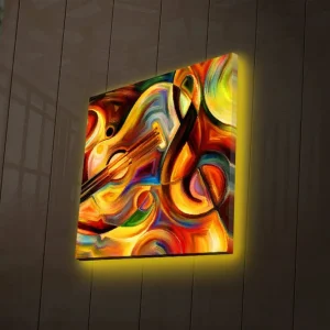 Snabb leverans Canvastavla med LED-belysning 40x40 cm - Färgglad komposition med musikinstrument och abstrakta former Röd / Gul / Orange - Inredning