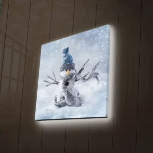 Begränsat erbjudande Canvastavla med LED-belysning 40x40 cm - Snögubbe i vinterlandskap med snöfall Vit / Blå / Grå - Inredning