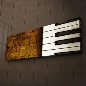 Nyhet Canvastavla med LED-belysning 30x90 cm - Pianotangenter med noter i en stiliserad komposition Guld / Vit / Svart - Inredning