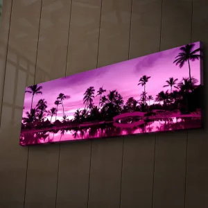 Snabb frakt Canvastavla med LED-belysning 30x90 cm - Drömlik strandscen med palmer i skymningens ljus Lila / Svart - Inredning