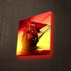 Sänkt pris Canvastavla med LED-belysning 40x40 cm - Storslagen segelbåt i en dramatisk solnedgång Röd / Orange / Gul - Inredning