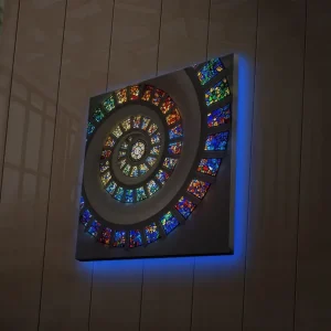 Erbjudandepris Canvastavla med LED-belysning 40x40 cm - Spiralformad komposition med färgglada glasrutor Blå / Röd / Grön - Inredning