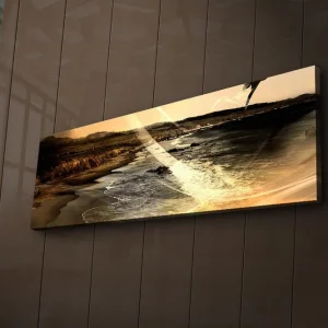 Lågt pris Canvastavla med LED-belysning 30x90 cm - Stämningsfull strandlandskap med hav och berg i bakgrunden Guld / Brunt / Svart - Inredning
