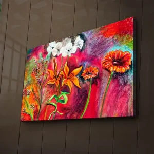 Canvastavla med LED-belysning 45x70 cm - Färgrik bukett av blommor i livfulla nyanser Röd / Orange / Grön - Inredning Sista chansen