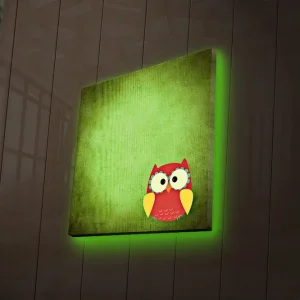 Canvastavla med LED-belysning 40x40 cm - Färgglad uggla på en grön bakgrund Grön / Röd / Gul - Inredning Erbjudandepris