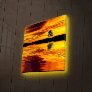 Canvastavla med LED-belysning 40x40 cm - Solnedgång över en spegelblanka sjö med silhouett av ett ensamt träd Guld / Orange / Svart - Inredning Begränsad tid