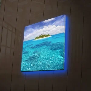 risnedsättning Canvastavla med LED-belysning 40x40 cm - Tropisk ö omgiven av klart blått vatten Blå / Turkos / Grön - Inredning