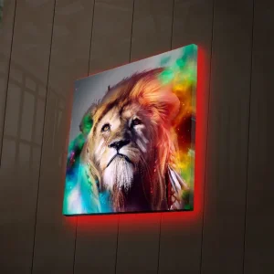 Begränsad tid Canvastavla med LED-belysning 40x40 cm - Storslagen lejonhuvud med färgglada detaljer Guld / Grön / Röd - Inredning