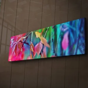 Canvastavla med LED-belysning 30x90 cm - Färgglada höstlöv i en abstrakt komposition Rosa / Blå / Grön - Inredning Nedsatt pris
