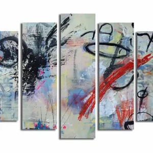 Stor Canvastavla i 5 delar 105x70 cm - Abstrakt komposition med dynamiska linjer och färgade inslag Svart / Röd / Blå - Inredning Köp online