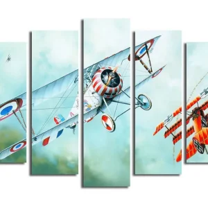 Stor Canvastavla i 5 delar 105x70 cm - Flygplansduell i luften Röd / Blå / Vit - Inredning Kundfavorit