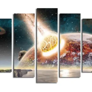 Stor Canvastavla i 5 delar 105x70 cm - Apokalyptisk scen med en planet som träffas av en meteorit Orange / Blå / Grå - Inredning Lägg i varukorgen