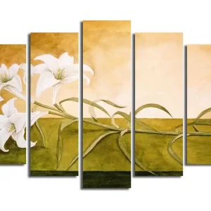 Stor Canvastavla i 5 delar 105x70 cm - Vita liljor som sträcker sig över en mjukt tonad bakgrund Vit / Grön / Beige - Inredning Fynd