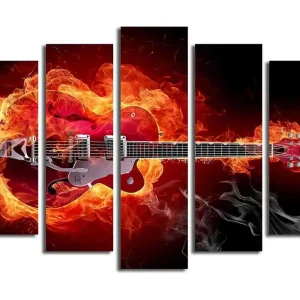 Stor Canvastavla i 5 delar 105x70 cm - Gitarr omgiven av eld och rök Röd / Orange / Svart - Inredning Snabb frakt