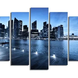 Stor Canvastavla i 5 delar 105x70 cm - Storslagen stadsbild vid vattnet med moderna skyskrapor Blå / Mörkblå / Grå - Inredning Fynd