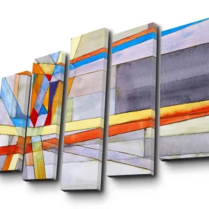 Erbjudandepris Stor Canvastavla i 5 delar 105x70 cm - Abstrakt komposition med geometriska former och färgglada linjer Blå / Orange / Grå - Inredning