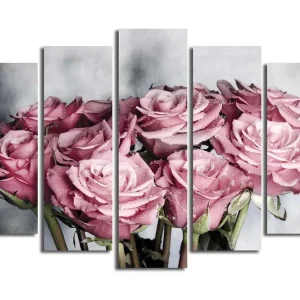 Stor Canvastavla i 5 delar 105x70 cm - Rosa rosor med droppar av vatten Rosa / Grön / Vit - Inredning Extra rabatt
