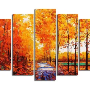 Köp nu Stor Canvastavla i 5 delar 105x70 cm - Lummig skog med höstfärger och en stig Orange / Gult / Grönt - Inredning