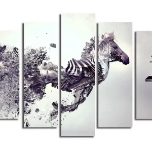 Stor Canvastavla i 5 delar 105x70 cm - Dynamisk häst i rörelse med fragmenterad struktur Grå / Svart / Vit - Inredning Lågt pris