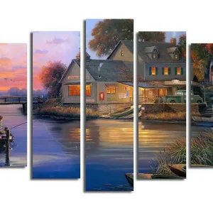 Stor Canvastavla i 5 delar 105x70 cm - Fiskande pojke vid en sjö i solnedgångens sken Blå / Orange / Grön - Inredning Begränsat antal