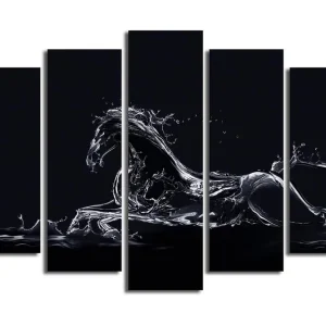 Stor Canvastavla i 5 delar 105x70 cm - Vattenhäst i dynamisk rörelse Svart / Genomskinlig vit - Inredning Fynd