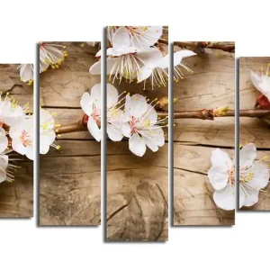 I lager Stor Canvastavla i 5 delar 105x70 cm - Blommande kvistar med vita blommor Vit / Gul / Brun - Inredning