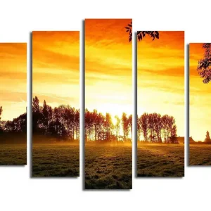Premium Stor Canvastavla i 5 delar 105x70 cm - Solnedgång över en skog av siluetter Orange / Guld / Svart - Inredning