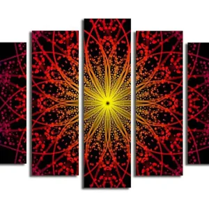 Begränsat erbjudande Stor Canvastavla i 5 delar 105x70 cm - Färgrik mandala med strålar av ljus Gul / Röd / Svart - Inredning
