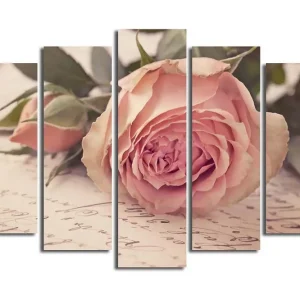 Sänkt pris Stor Canvastavla i 5 delar 105x70 cm - Rosa blomma med knoppar och gröna blad Ljusrosa / Grön / Beige - Inredning