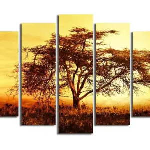 Erbjudande Stor Canvastavla i 5 delar 105x70 cm - Silhuett av ett ensamt träd mot en gyllene himmel Guld / Orange / Brun - Inredning