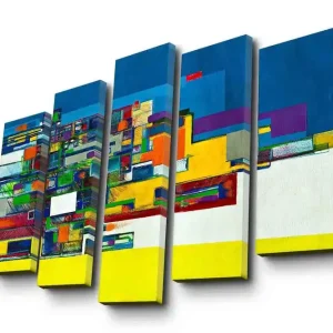 Stor Canvastavla i 5 delar 105x70 cm - Abstrakt komposition med geometriska former och starka färger Blå / Gul / Grön - Inredning Sista chansen