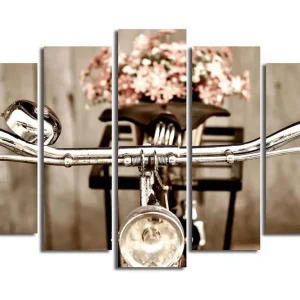 Erbjudande Stor Canvastavla i 5 delar 105x70 cm - Cykelhjul med blommor i korgen Grå / Rosa / Silver - Inredning