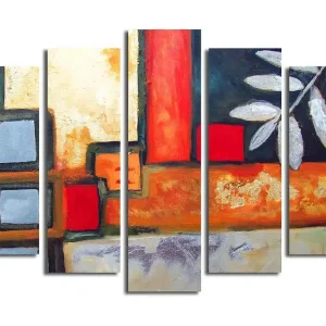 Trygg betalning Stor Canvastavla i 5 delar 105x70 cm - Abstrakt komposition med geometriska former och bladmotiv Röd / Grå / Orange - Inredning