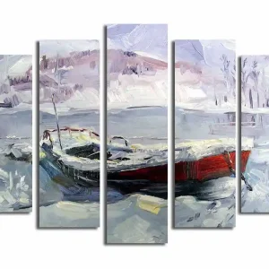 Rabatt Stor Canvastavla i 5 delar 105x70 cm - Vinterlandskap med en båt i snö och is Ljusblå / Vit / Röd - Inredning