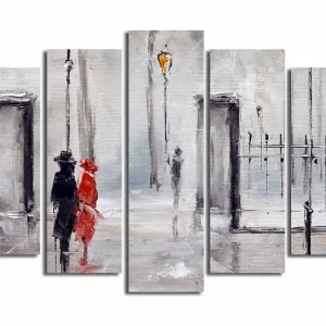Kundfavorit Stor Canvastavla i 5 delar 105x70 cm - Par i regn med en röd klänning och svart kostym Röd / Svart / Grå - Inredning