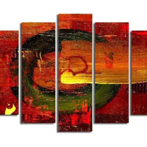 Sänkt pris Stor Canvastavla i 5 delar 105x70 cm - Abstrakt komposition med cirkulära former och starka färger Röd / Grön / Orange - Inredning