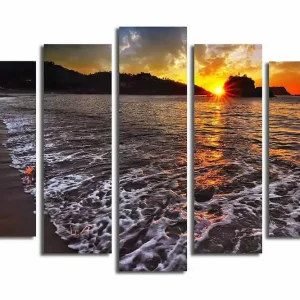 Stor Canvastavla i 5 delar 105x70 cm - Solnedgång över havet med reflektioner i vattnet Orange / Blå / Grå - Inredning Köp online